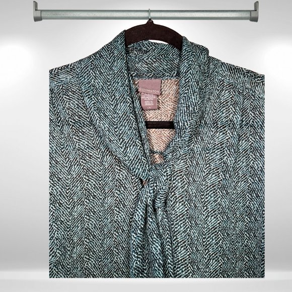 Covington Sheer Button Front Tie Neck Black & Dark Green Long Sleeve Blouse - Picture 2 of 5